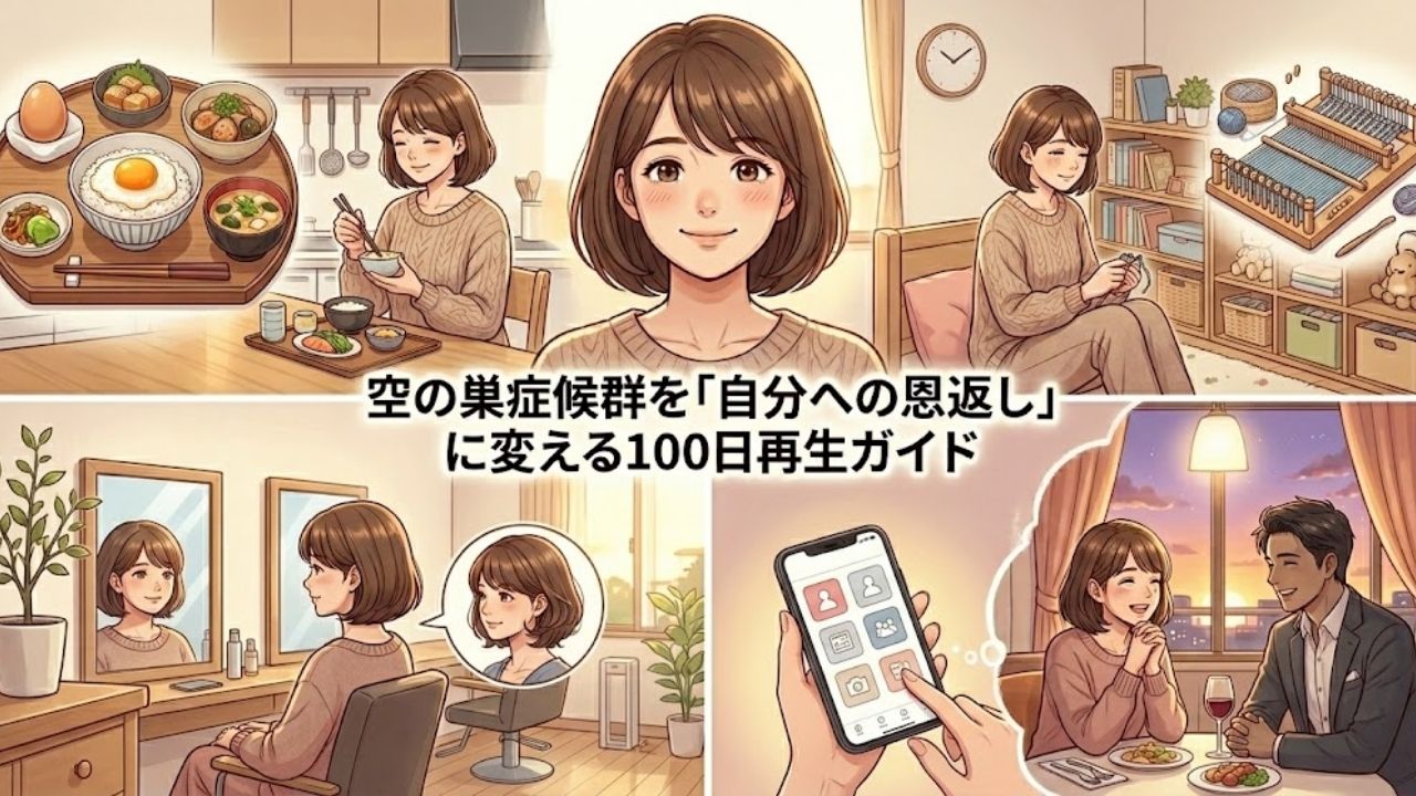 空の巣症候群を乗り越え、自分自身の時間を楽しむ（趣味、美容、社交）シングルマザーを描いたイラスト。中央に「空の巣症候群を「自分への恩返し」に変える100日再生ガイド」のテキスト。