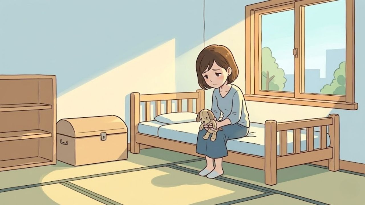 子どもが去った後の空の部屋で、思い出の品を見つめながら喪失感に浸る若々しい日本人シングルマザーの四頭身イラスト。