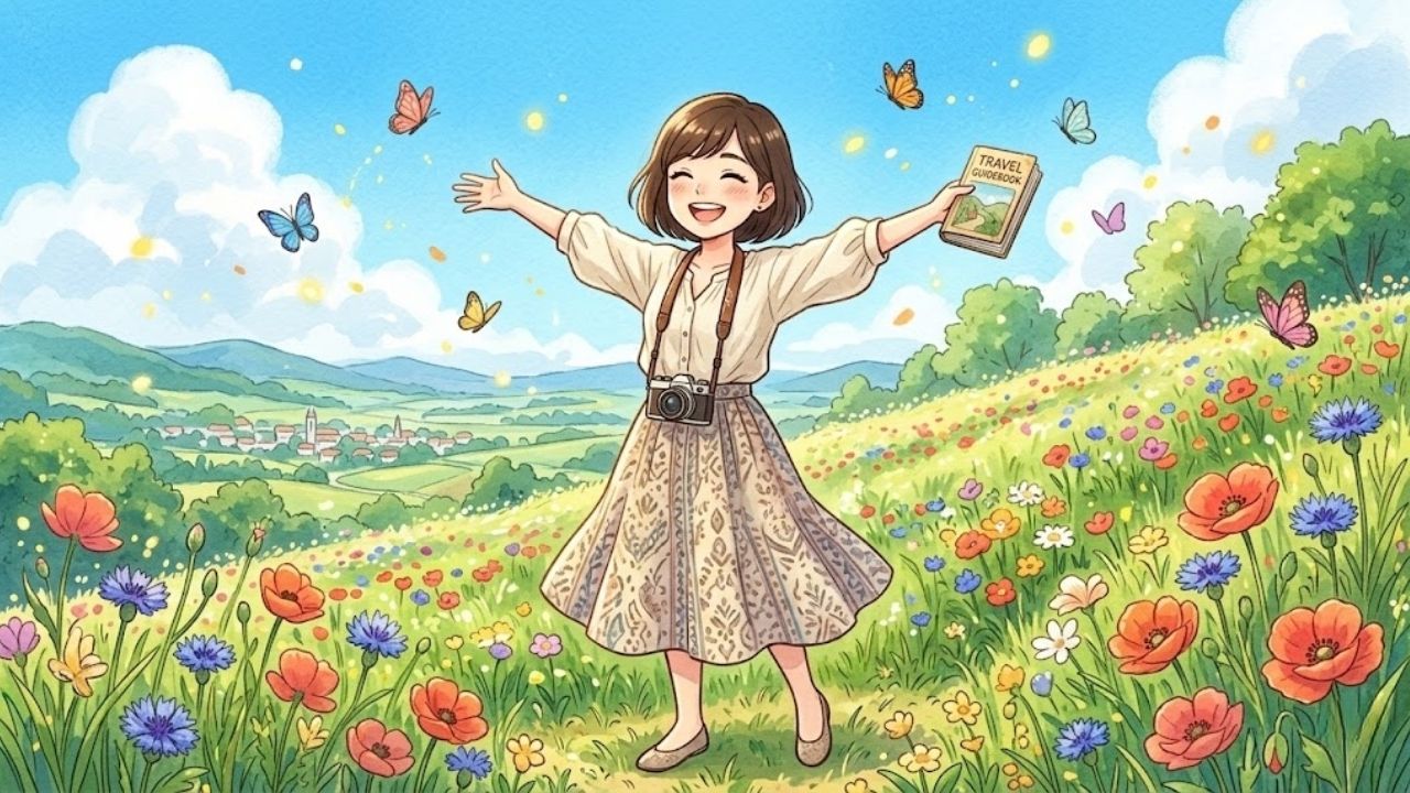 喪失感を乗り越え、澄んだ青空の下で両手を広げて孤独を「最高の自由」として満喫する、晴れやかな笑顔の日本人シングルマザーの四頭身イラスト。