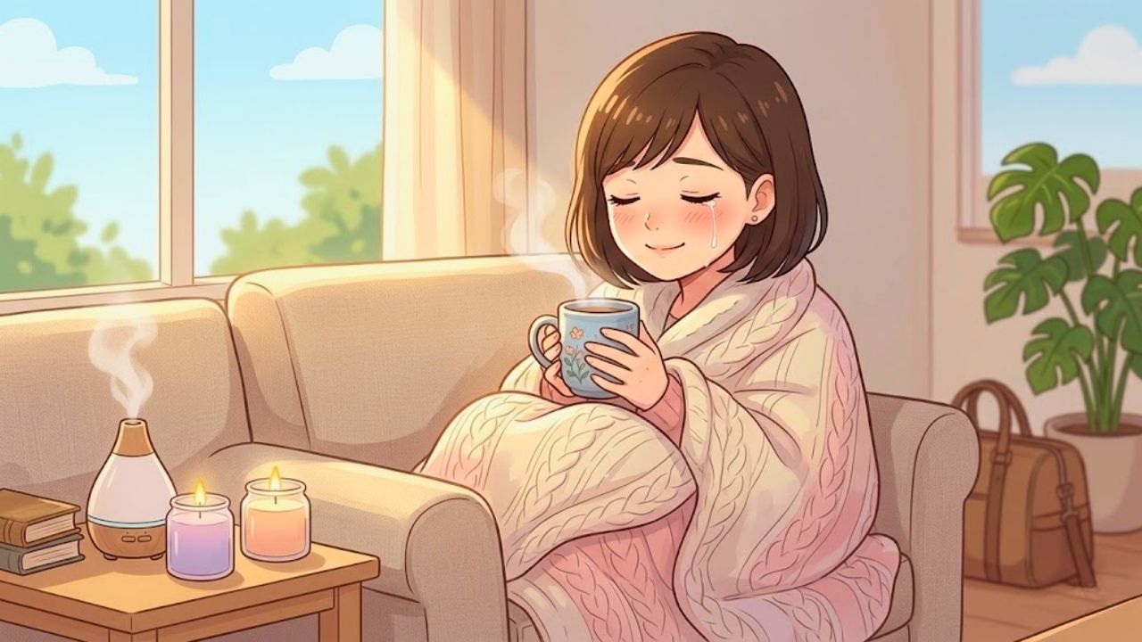 子どもの巣立ちの悲しみを受け入れながら、温かい飲み物とブランケットで自分を労わる、若々しい日本人シングルマザーの癒やしの四頭身イラスト。