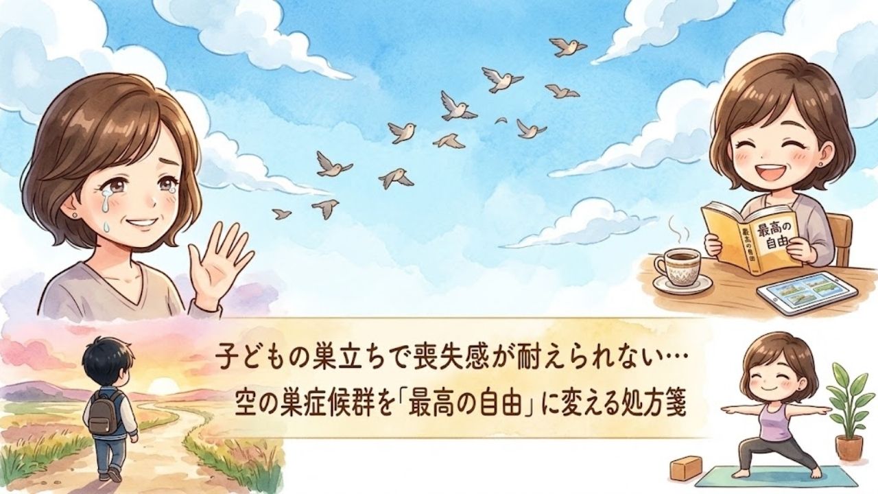 成人した子どもを見送る寂しさと、その後の自由な時間を楽しむ笑顔の日本人シングルマザーが対比された、記事タイトル「子どもの巣立ちで喪失感が耐えられない…空の巣症候群を「最高の自由」に変える処方箋」の文字が入った四頭身イラスト。