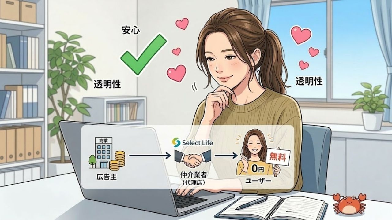 自宅のデスクでノートパソコンを見て納得した様子で頷く20代の5頭身シングルマザー。画面には無料相談の仕組みを示すフローチャートが表示されており、1円も払わなくていい理由を理解した安心感を表現している。