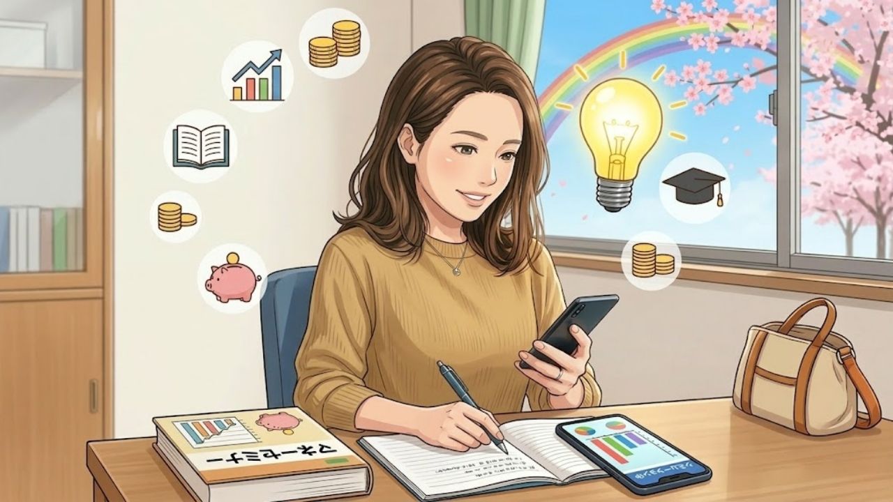 自宅のデスクで真剣な表情でノートを取り、一生モノのマネーリテラシーを学習する20代の5頭身シングルマザー。彼女の周囲には知識のアイコンが浮かんでおり、相談を通じて知識がつく価値を表現している。