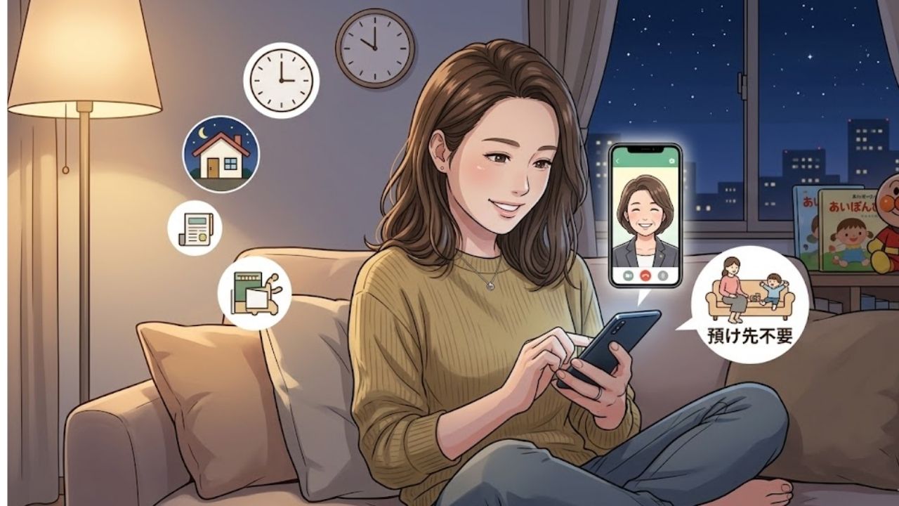 ソファでリラックスした体勢で、スマホを使いオンライン相談をする20代の5頭身シングルマザー。彼女の周囲には利便性を示すアイコンが浮かんでおり、スマホ1つで自宅完結するオンライン相談の強みを表現している。