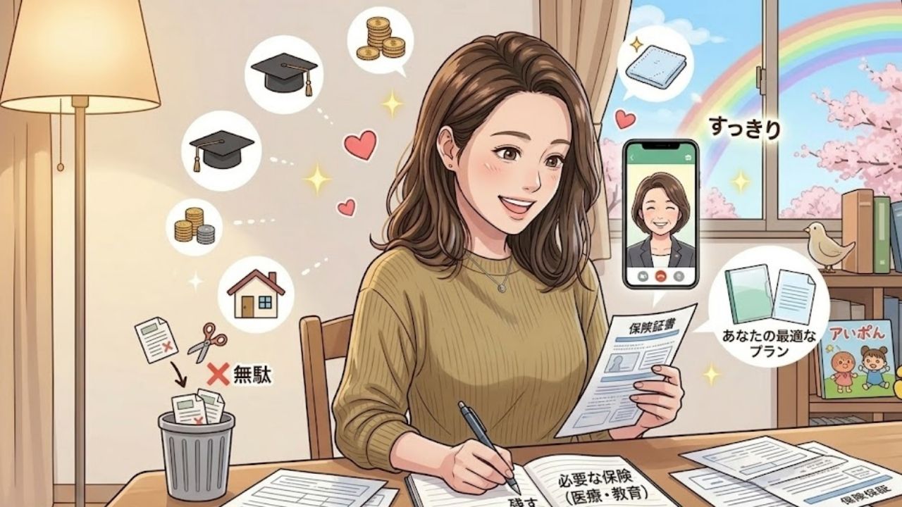 自宅のテーブルで保険証券を広げ、プロの助言を受けて不要な保険を「断捨離」する20代の5頭身シングルマザー。無駄が消えてすっきりした様子と、必要な保険だけを残した安心感を表現している。