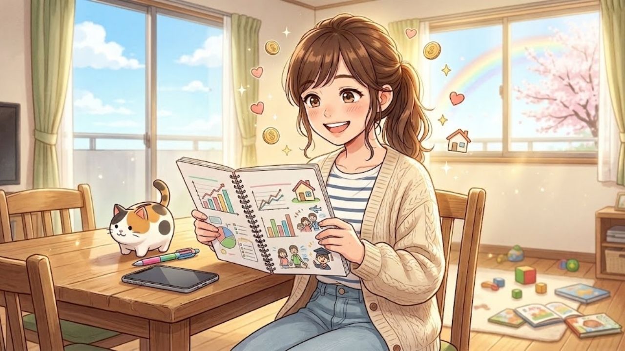 明るい日差しの差し込むリビングで、ノートを手に将来のグラフや夢のリストを見て、希望に満ちた笑顔を浮かべる20代の5頭身シングルマザー。お金の知識を得て、未来が変わることを確信した安心と喜びの瞬間を、女性が好む魅力的なキャラクターで表現している。