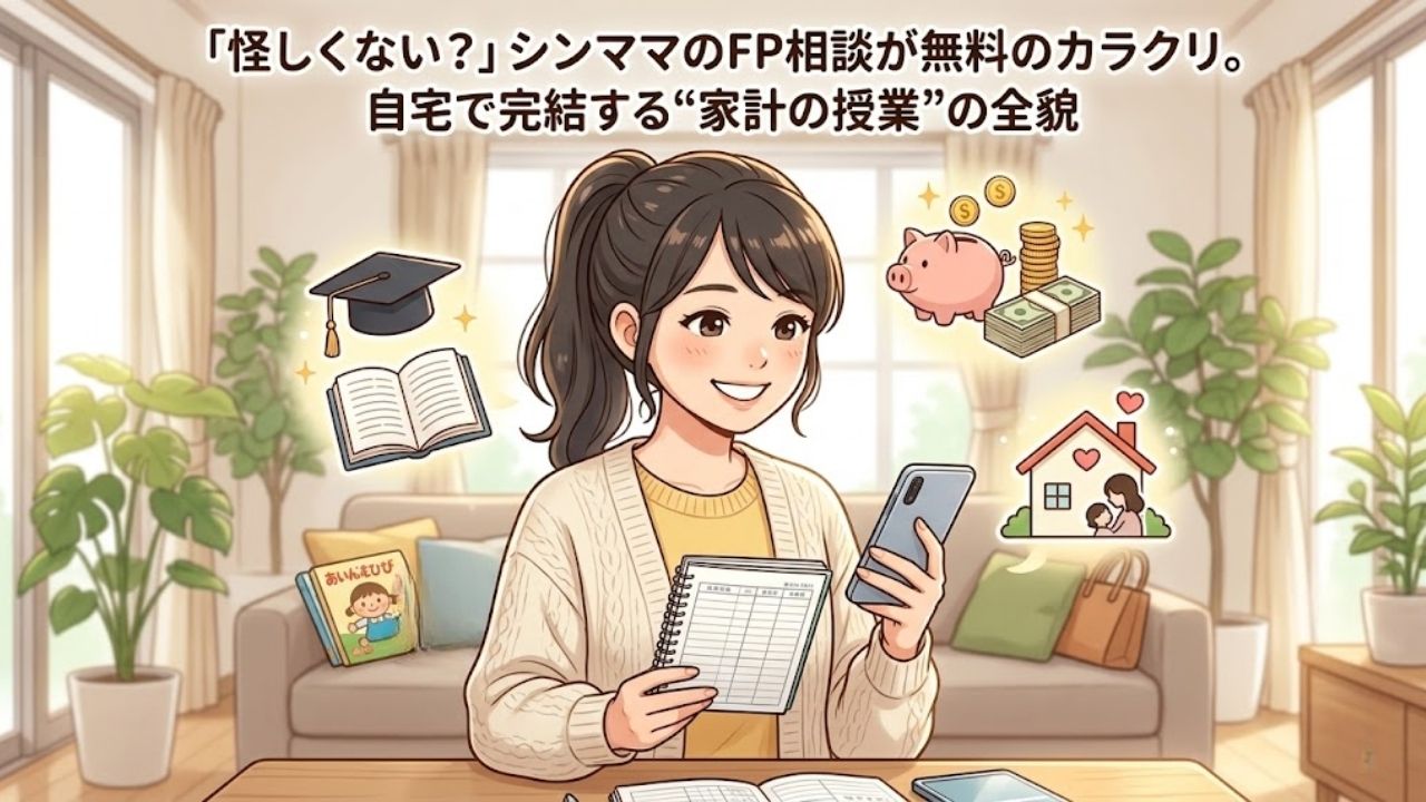 「怪しくない？」シンママのFP相談が無料のカラクリ。自宅で完結する“家計の授業”の全貌、というSEOタイトル入りのアイキャッチ。明るいリビングで将来の計画を見て希望に満ちた笑顔を浮かべる20代の5頭身シングルマザーを描いたイラスト。