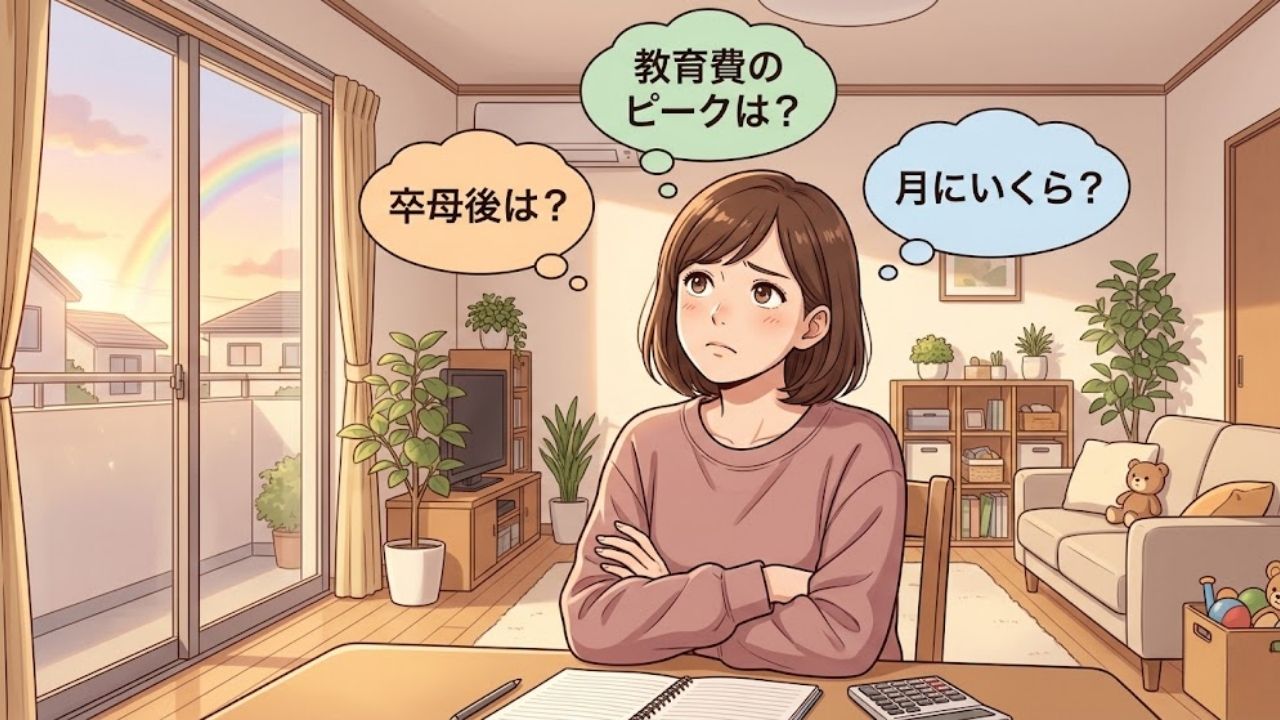 シングルマザーの将来不安と家計の悩みを描いたイラスト。母親がリビングで腕を組み、「月にいくら?」「教育費のピークは?」「卒母後は?」と書かれた3つの日本語の吹き出しを浮かべて考え込んでいる。テーブルにはノートと電卓があり、窓から夕暮れの光が差し込む。