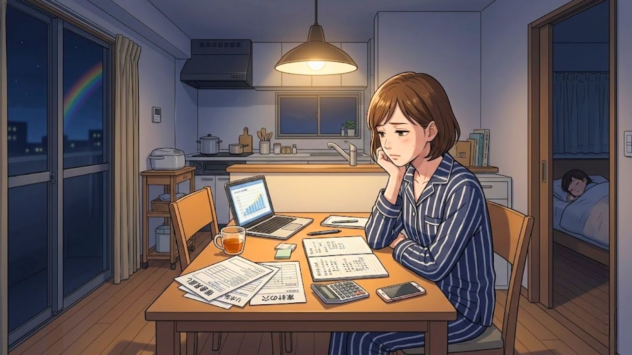 シングルマザーが、ダイニングテーブルで借金や保険について無駄がないか考え込んでいる様子。