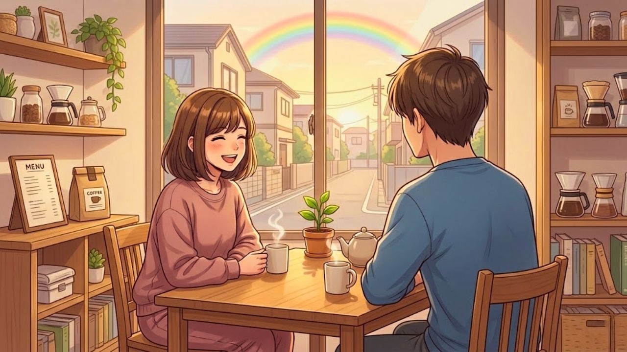 アニメスタイルのミディアムショットイラスト。整理された清潔なカフェの木製テーブルに座るシングルマザー。彼女は左側に座り、ダスティピンクのスウェットトップを着用し、真正面を向いて満面の笑みを浮かべながら、後ろ姿の男性と心から会話を楽しんでいます。男性は注意深く、サポート的な姿勢で座っています。テーブルには湯気の立つマグ、ティーポット、小さな鉢植えの芽吹いた植物があります。大きな窓から柔らかな日中の太陽光が差し込み、窓の外の住宅街の遠景にほのかな虹が架かっています。棚にはカフェの装飾、メニュー、コーヒー袋、本が整理されて並び、親密で、穏やかで、希望に満ちた雰囲気が漂っています。