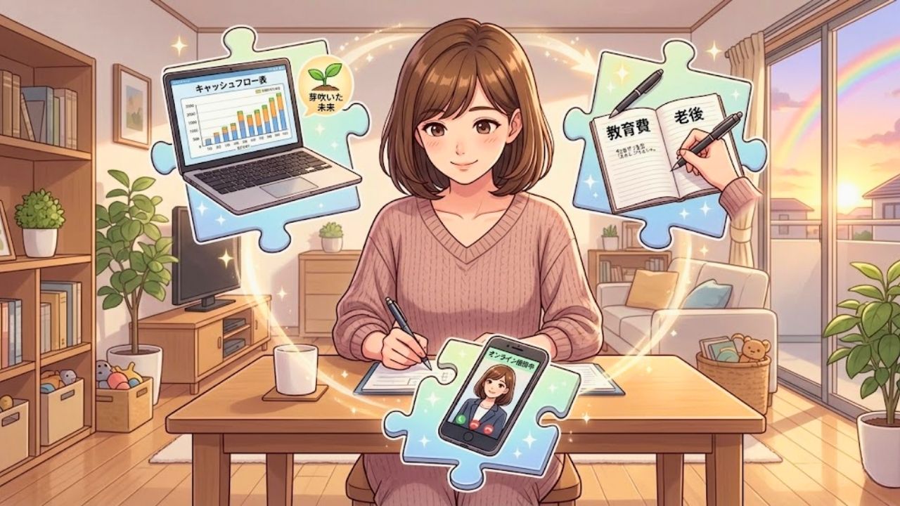 リビングでシングルマザーが将来の計画を立てている。教育費のメモ、キャッシュフロー表、オンライン相談のスマートフォンが表示されたパネルが周囲に浮かんでいる。窓から虹が見える。将来設計と相談をテーマにした画像。
