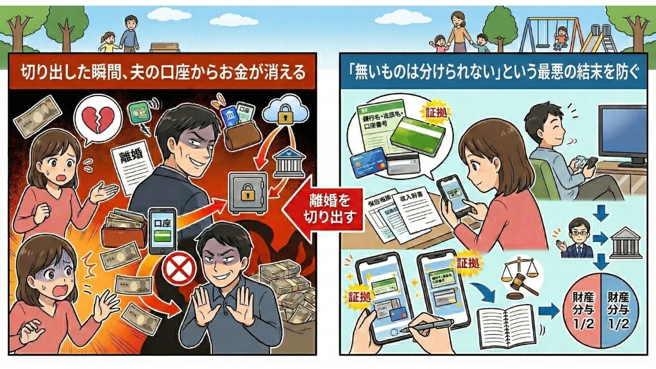 離婚を切り出す前の財産調査の重要性を解説した2コマのイラスト。左側の赤いパネルは「切り出した瞬間、夫の口座からお金が消える」と題され、妻が離婚を告げた途端、夫が悪い顔をして口座の預金を別の銀行や金庫に隠し、「お金はない」としらばっくれる様子が描かれている。右側の青いパネルでは、夫がテレビを見てくつろいでいる油断を突き、妻が通帳（銀行名・支店名・口座番号）、クレジットカード、保険証券、収入証明などをスマホで撮影し、密かに「証拠」を集めている様子が描かれている。さらにその証拠をもとに、弁護士や裁判所を通じて正当に「財産分与1/2」を獲得するまでの流れが示されており、同居中のステルス調査がいかに重要かを視覚的に伝えている。