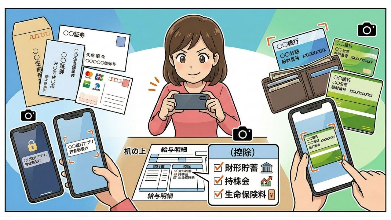 離婚に向けた「ステルス証拠集め」の3つの標的を示すイラスト。中央で決意の表情をした妻がスマートフォンを構え、証拠を撮影している。左側には標的①である夫宛ての生命保険や証券会社の郵便物、そしてロック画面に銀行アプリの通知が表示されたスマホ。中央下部には標的②である給与明細があり、「控除欄」の財形貯蓄や持株会、生命保険料にチェックが入って強調されている。右側には標的③である夫の財布から見つけた銀行のキャッシュカードや通帳が並べられ、銀行名や口座番号をスマホで撮影している様子が描かれている。夫にバレずに確実な財産の証拠（アナログな証拠、郵便物、給与明細）を集める具体的な方法を視覚的に表現している。