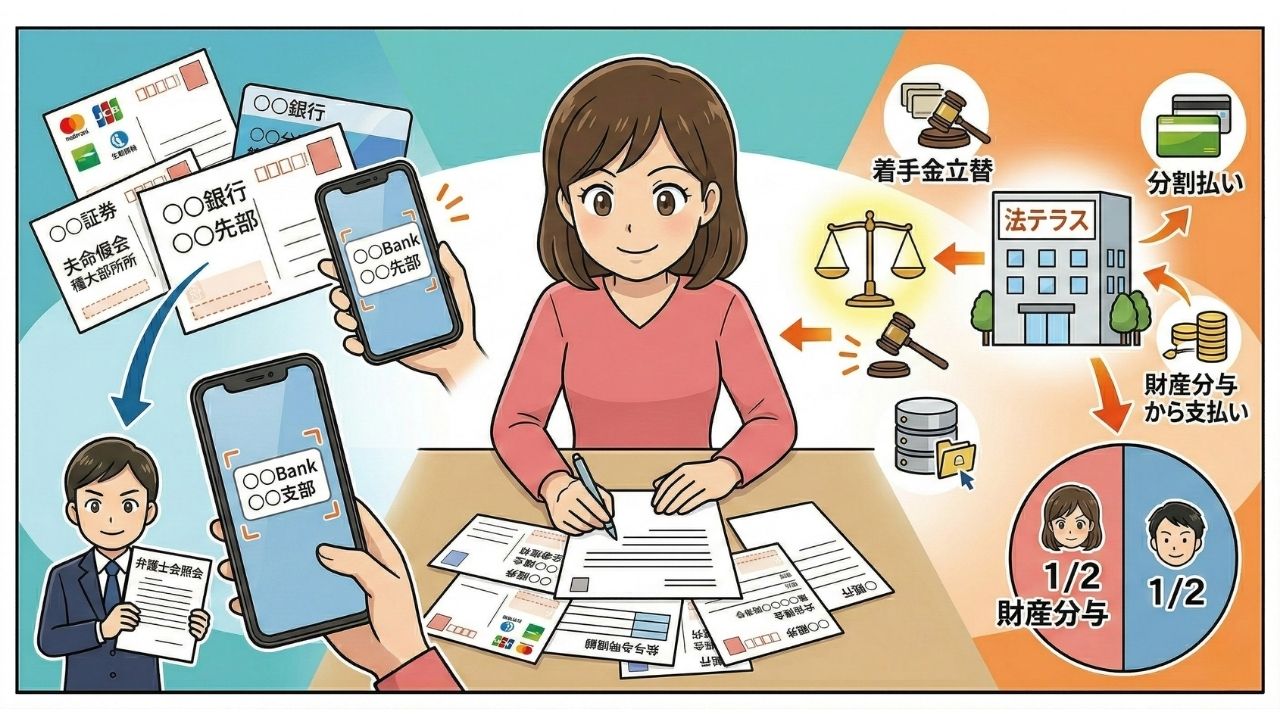 口座の詳細が特定できず、弁護士費用もない専業主婦に向けた解決策を示すイラスト。中央には、集めた証拠書類を前に安心した表情で手続きを進める妻が描かれている。左側は、スマホで撮影した郵便物などの「銀行名・支店名」というわずかなヒントから、弁護士が「弁護士会照会」を通じて口座情報を開示させる流れを表現。右側には、国が設立した公的機関「法テラス」の建物があり、「着手金立替」「分割払い」「財産分与から支払い」といった手厚いサポート制度がアイコンで示されている。貯金ゼロでも専門家の力を借りて、正当な「財産分与1/2」を勝ち取れるという希望を視覚的に伝えている。