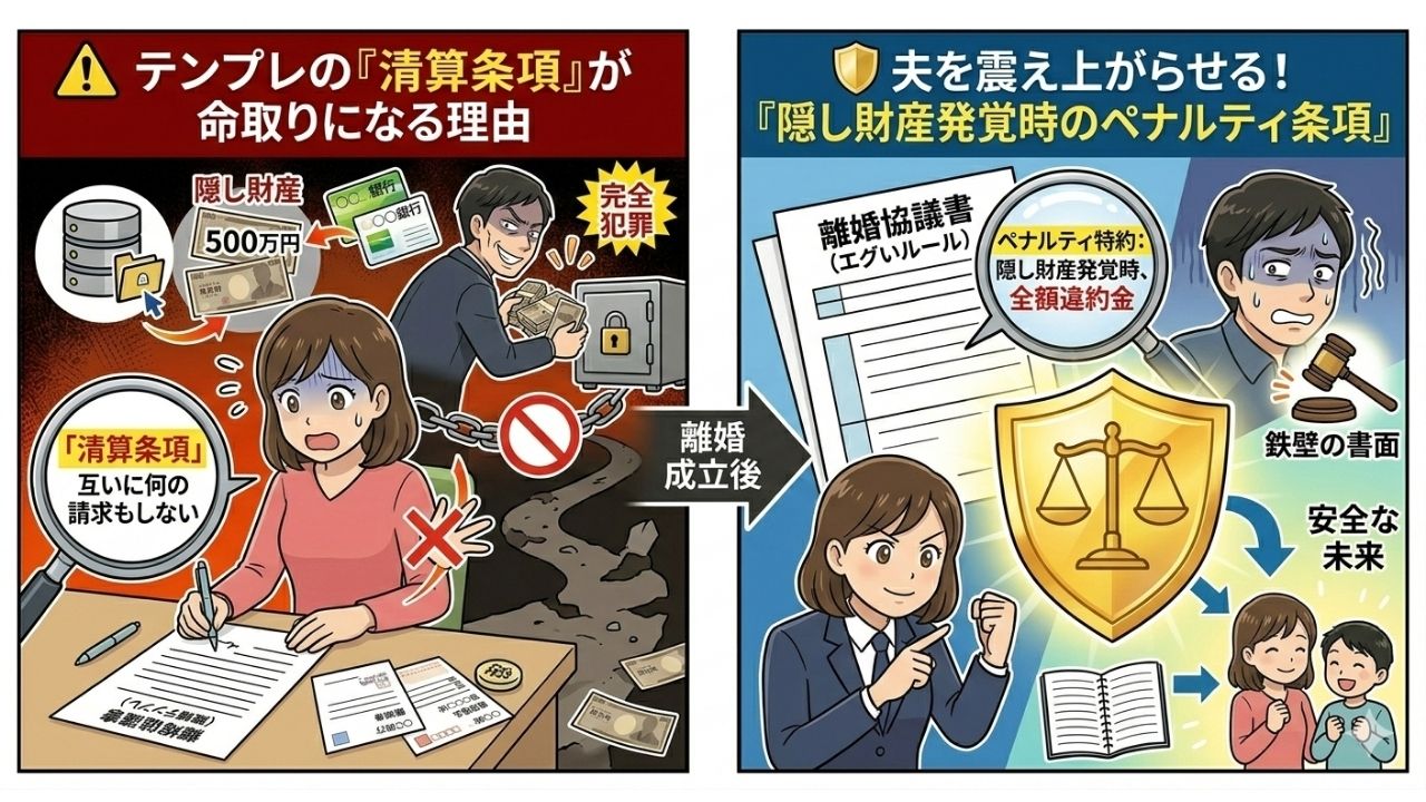 離婚協議書の書き方による天国と地獄を比較した2コマのイラスト。左側の赤いパネルは「テンプレの清算条項が命取りになる理由」。妻がネットの雛形にある「互いに何の請求もしない（清算条項）」にサインしてしまい、背後で夫が500万円の隠し財産を金庫に隠して「完全犯罪」を成立させてほくそ笑んでいる絶望的な状況。一方、右側の青いパネルは「夫を震え上がらせる！隠し財産発覚時のペナルティ条項」。離婚協議書に「隠し財産発覚時、全額違約金」という強力な特約を盛り込んだことで夫が青ざめて震え上がり、法的な盾（鉄壁の書面）によって母子の安全な未来が守られている様子を描いている。