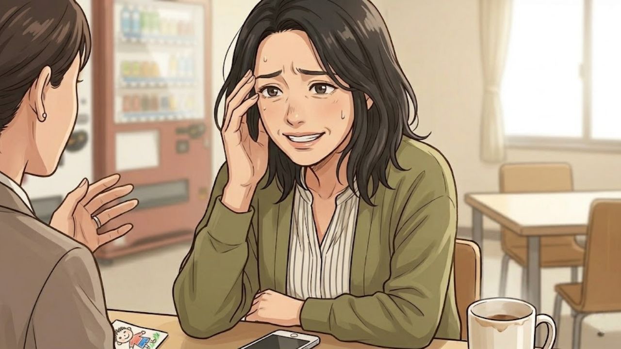 職場で既婚同僚の愚痴を苦笑いしながら聞くシンママのイラスト。