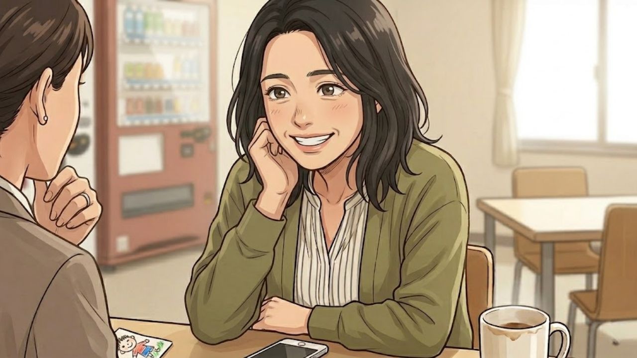 明るい表情で同僚女性の話に相槌を打つシングルマザー。