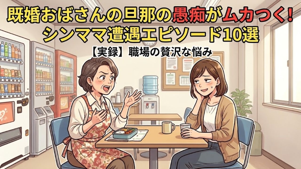 職場で既婚おばさんの旦那の愚痴を聞くシンママのイラスト。