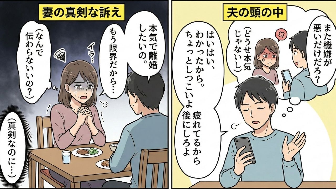 夫婦のすれ違いを対比した2コマ漫画風のイラスト。左側は「妻の真剣な訴え」と題され、テーブルで手を組み泣きそうな表情で「本気で離婚したいの。もう限界だから…」と訴える妻が描かれている。頭上には「イラ…」という文字や、「(なんで伝わらないの?)」「(真剣なのに…)」という内心の吹き出しがある。右側は「夫の頭の中」と題され、スマホを見ながら「はいはい、わかったから。ちょっとしつこいよ」「疲れているから後にしろよ」と軽く聞き流す夫が描かれている。頭上の大きな内心の吹き出しには、怒った妻と共に「また機嫌が悪いだけだろ?」「(どうせ本気じゃないし)」という内心が描写されている。