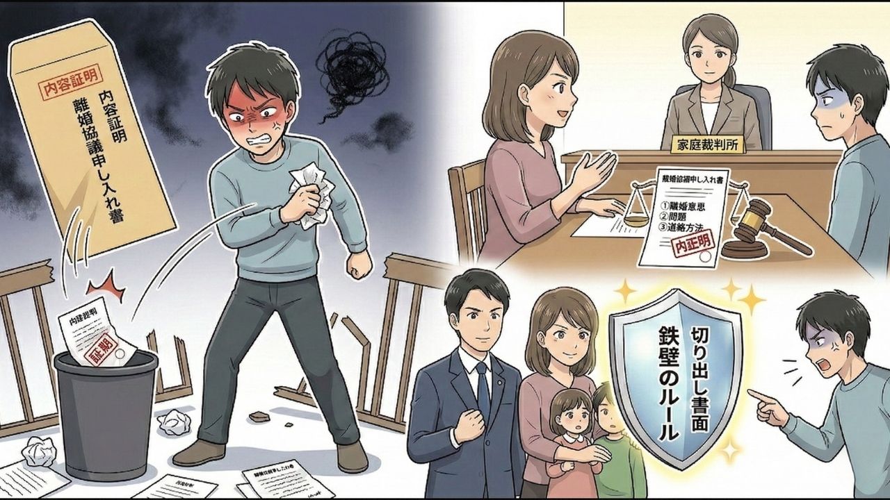 離婚切り出し書面を無視されたり逆ギレされた場合の「次の一手」を示すイラスト。左側は、暗い部屋で激怒した夫が届いた内容証明郵便を丸めてゴミ箱に投げ捨てる様子で、話し合いの完全な拒否や逆ギレを表現している。右側上部は「家庭裁判所」での調停シーン。無視された書面が天秤とともに強力な証拠としてテーブルに置かれ、妻が冷静に説明をする一方で、逃げ場を失い焦る夫の姿が描かれている。右側下部は、親権などで脅して怒鳴る夫に対し、妻と子どもたち、そして味方の専門家が「切り出し書面」という光る盾に守られている構図。「鉄壁のルール」「親権を守る盾」というラベルが添えられ、法的手段による確実な防衛を表現している。