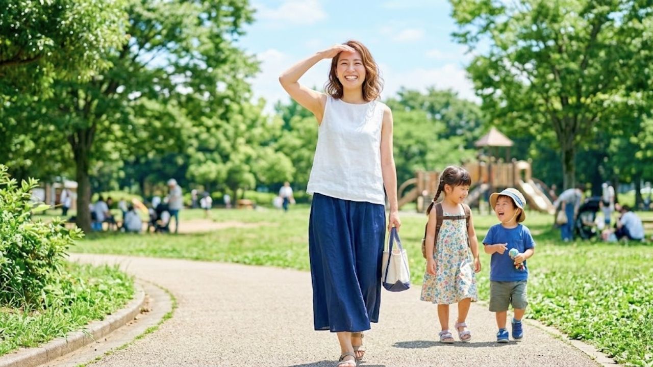 晴れた夏の日に、晴れやかな表情の母親と、楽しそうに歩く子供たちが公園の遊歩道を歩いている。母親(日本の20代後半)は、吹っ切れたような爽やかで明るい笑顔でカメラを見ている。左手に青いトートバッグを持っている。彼女の右隣には、花柄のワンピースを着た姉(5歳)と、青いTシャツに帽子をかぶった弟(3歳)が、楽しそうに歩いている。背景は、緑豊かな木々、青空、芝生が広がる広い公園で、遠くに他の家族連れや遊具が見え、のどかな雰囲気を伝えている。この画像は、「夫の離婚拒否」という膠着状態から「切り出し書面」で強制的にステージを進め、法的な「次の一手」を手に入れたプレシンママが、将来への不安から解放され、笑顔で前向きな新しい人生をスタートさせたことを象徴している。