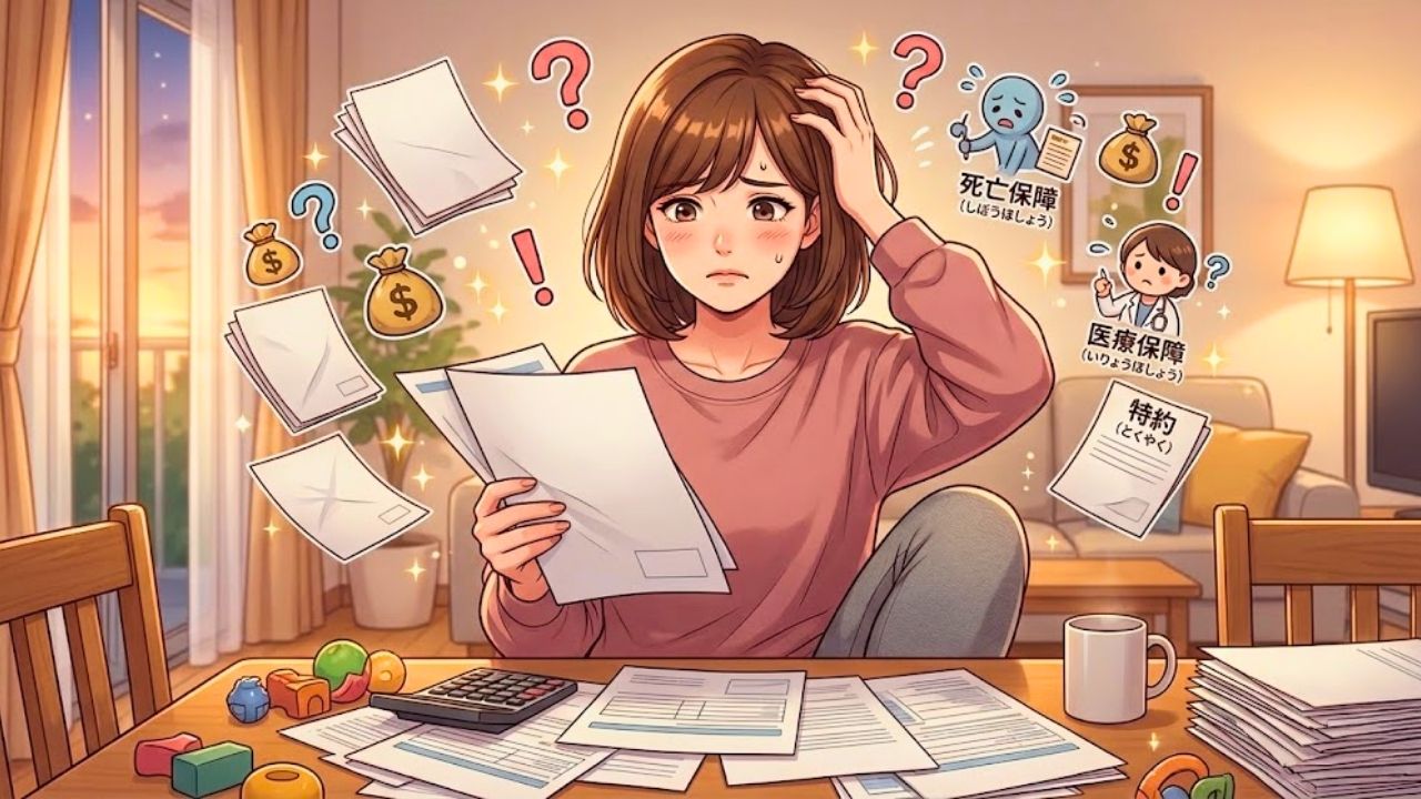 保険証書を両手に持ち、混乱した表情で中身を見つめる20代のシングルマザーを描いたイラスト。生活感のあるダイニングテーブルには証券が散乱しており、頭上には情報過多と混乱を示すアイコンが浮かんでいる。なぜ保険が無駄になりやすいのか、その陷りやすい罠を表現している。