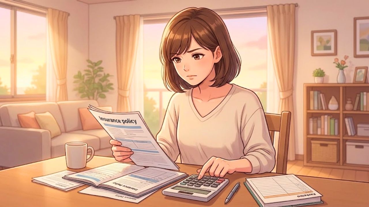 夕暮れのダイニングテーブルで、]シングルマザーが、開かれた保険証券と家計簿を前に、真剣でしっかりとした表情で計算機を操作している。以前の混乱は消え、解決に向かう決意が感じられる。