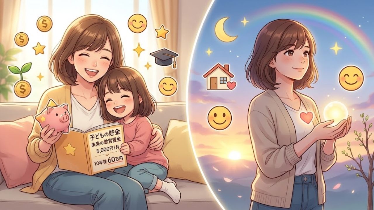 左右に分割されたイラスト。左側では、笑顔のシングルマザーと幼い女の子がソファに座り、女の子は「子どもの貯金」「未来の教育資金」「5,000円／月」「10年後 60万円」「目標」と書かれたノートを広げ、母親は豚の貯金箱を持っている。周囲にはコインや卒業帽、スマイリーフェイスのアイコンが浮かんでいる。右側では、夕暮れの空と二重の虹を背景に、女性が穏やかな笑顔で光るオーブを両手に抱え、その中にハートマークが浮かんでいる。周囲には家や三日月、スマイリーフェイスのアイコンが浮かんでいる。