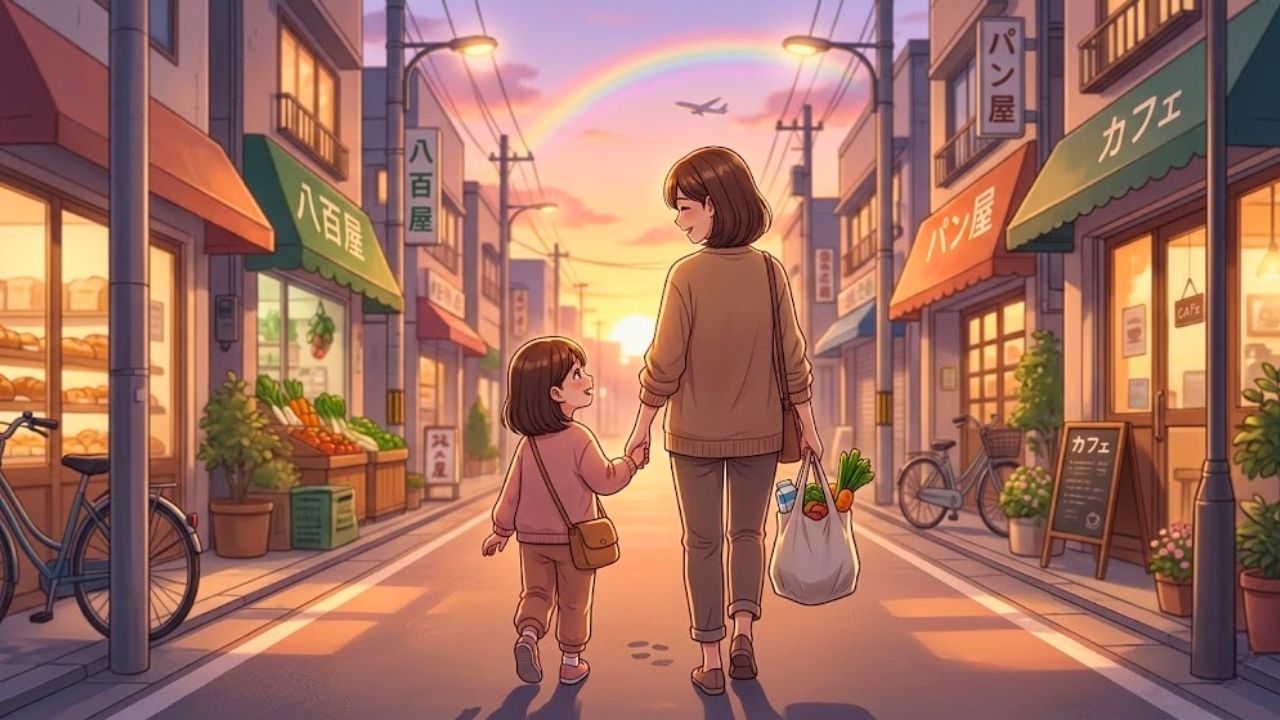 夕暮れの温かい光に包まれた、日本の古い商店街を歩くシングルマザーと娘の後ろ姿。二人は手をつなぎ、おかっぱ頭の娘はショートヘアの母親を見上げている。母親は野菜の入った布製のエコバッグを右手に持っている。通り沿いには『八百屋』『パン屋』『カフェ』などの看板や日除けが並び、自転車が停められている。街灯が点灯し始め、沈む太陽が通りの突き当たりにある。夕焼け空には鮮やかな虹がかかり、近くを飛行機が飛んでいる。