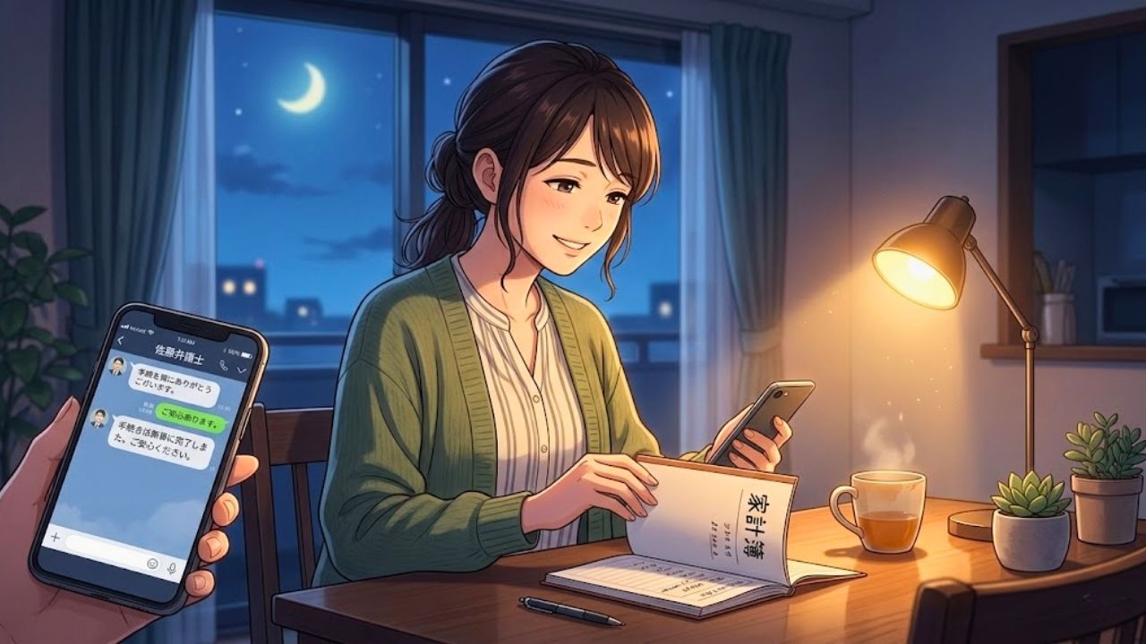 夜、ダイニングテーブルでデスクランプの温かい光に包まれながら、家計簿を閉じてスマートフォンを手に取り、安堵と希望に満ちた笑顔を浮かべる日本のシングルマザー。借金の返済が止まり、弁護士費用を捻出できることに気づいた安らぎの瞬間を表現している。