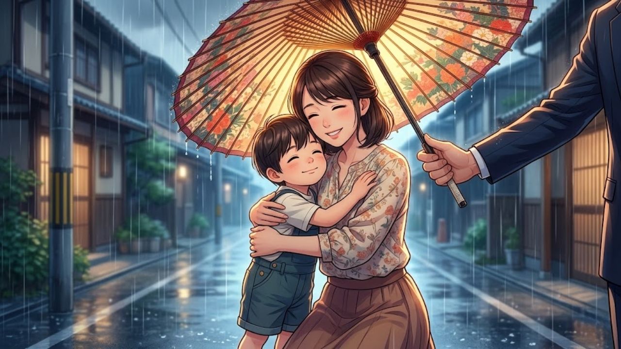 激しい雨が降る日本の夜の街角で、美しい和傘を差し出され、その下で小さな息子を抱きしめ、無限の安堵と守られている安心感に満ちた表情を浮かべるシングルマザーを描いた、美しいイラスト。根性論(雨)を捨て、仕組み(傘)に頼ることの尊さを表現している。