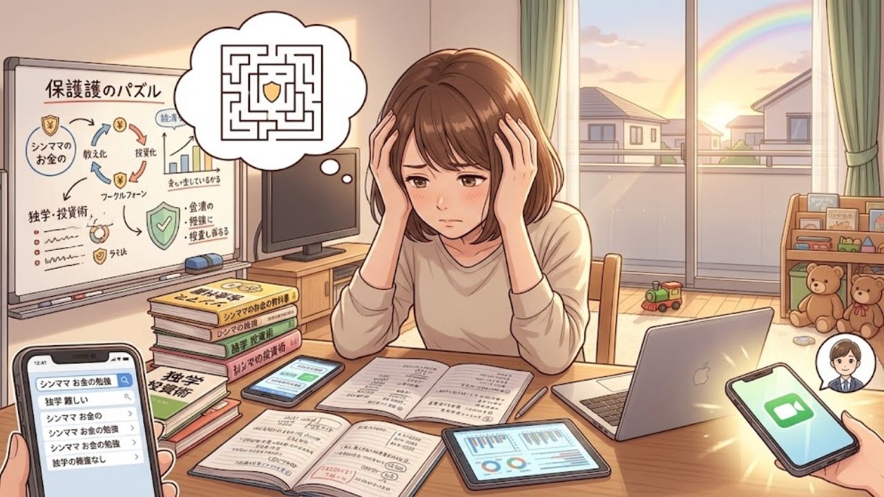 お金や投資の独学に悩み、FP(ファイナンシャルプランナー)相談という解決策に気づくシングルマザーのイラスト。