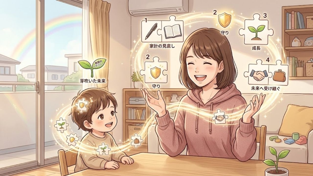 マネーリテラシーを「子どもへの資産」として受け継ぐシングルマザーと子どものイラスト。家計の守りや成長を象徴するパズルが輝き、親子で明るい未来を共有している様子を描いています。