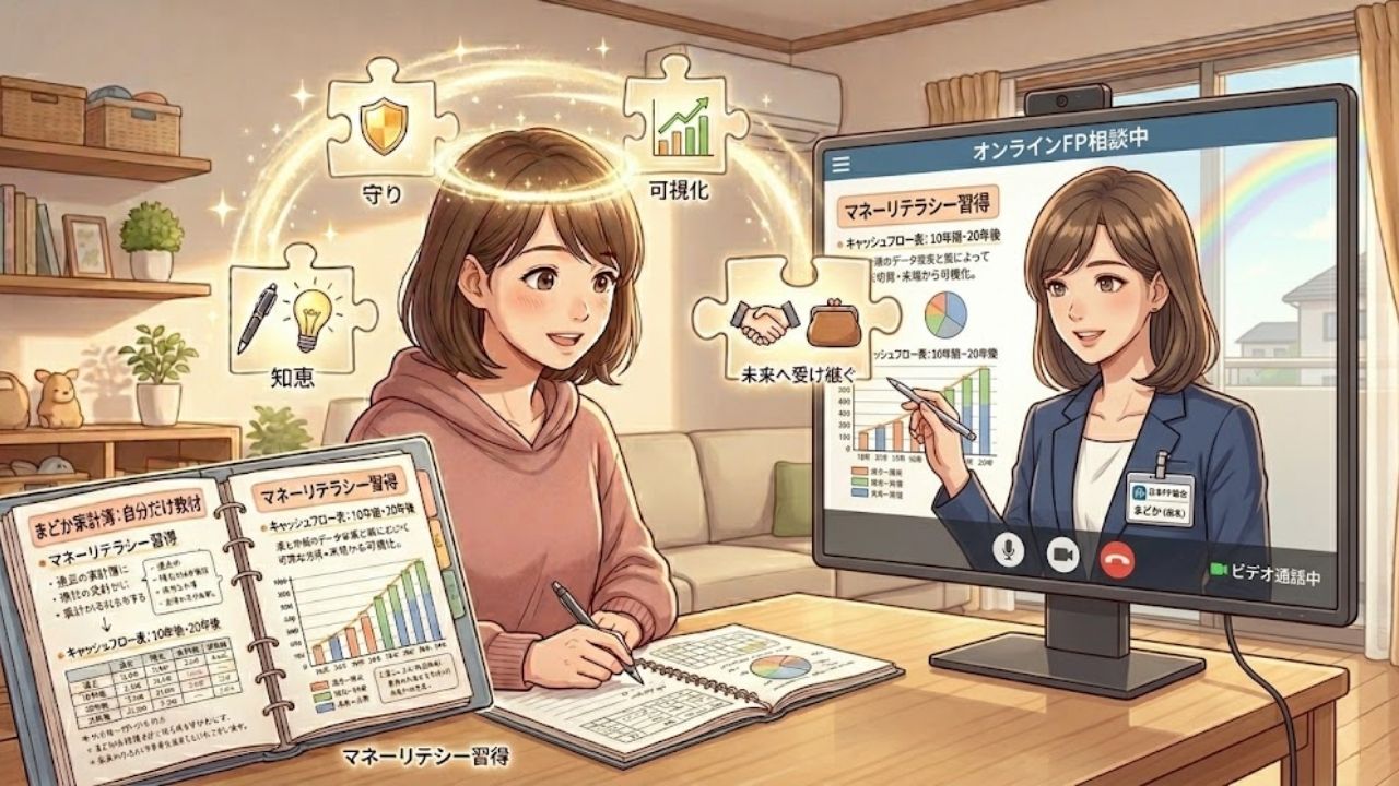 FP(ファイナンシャルプランナー)とオンラインで、自身の家計簿を教材にお金の勉強をするシングルマザー。家計の可視化と守りを象徴する「守りのパズル」が輝き、一生モノのマネーリテラシーを習得する様子を描くイラスト。