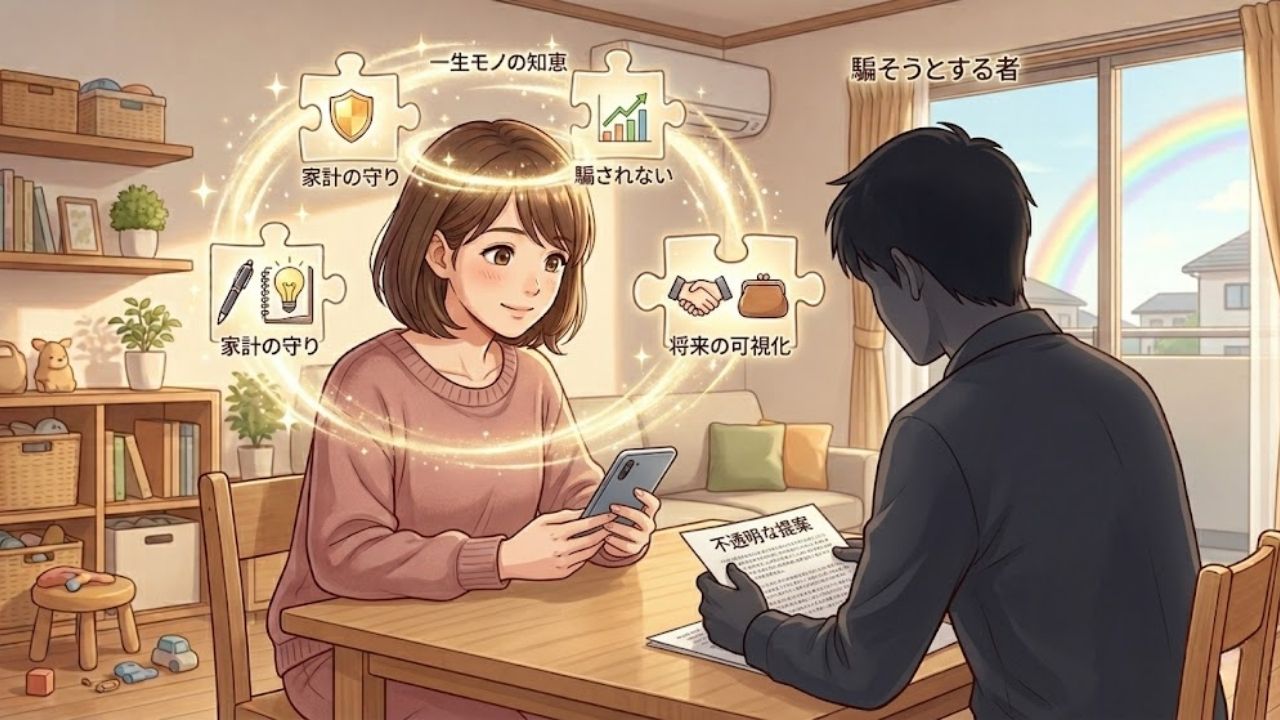 Gemini の回答
スマートフォンで「一生モノの知恵」を学び、影の「騙そうとする者」から家計を守る日本人シングルマザー。アニメイラスト。