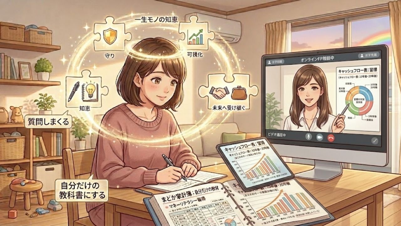 自宅でオンラインFP相談を受け、家計簿やキャッシュフロー表を使ってお金の勉強(マネーリテラシー習得)をするシングルマザーのイラスト。彼女の周りには「一生モノの知恵」「家計の可視化」「家計の守り」となるアイコンが浮かび、FPのアドバイスで知識を深め、自分と子どもの明るい未来を準備している。虹が見える温かい部屋。