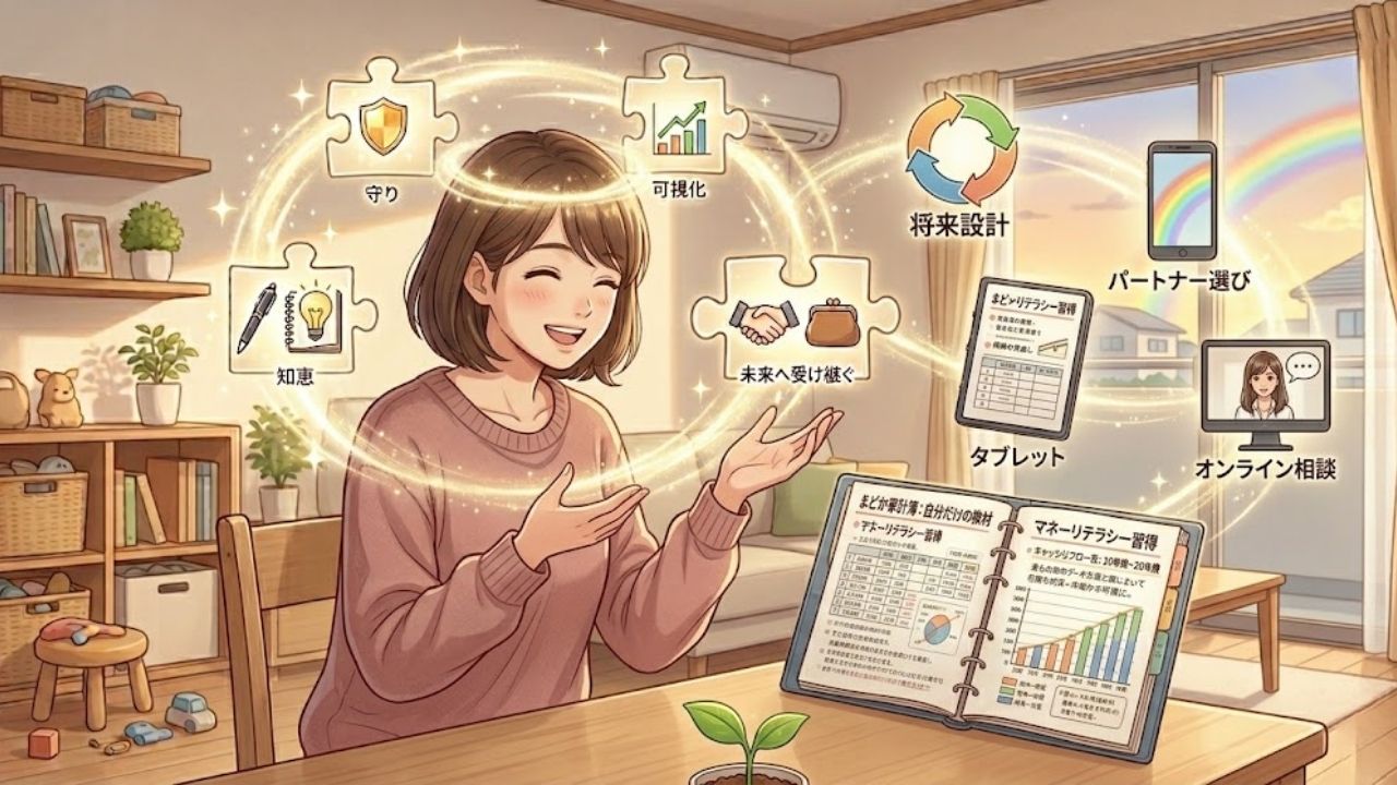 シングルマザーがお金の相談を通じてマネーリテラシーを習得し、自分と子どもの明るい未来を確信している様子を描いたまとめイラスト。一生モノの知恵、家計の可視化、将来設計などのアイコンが輝く、希望に満ちた一枚。