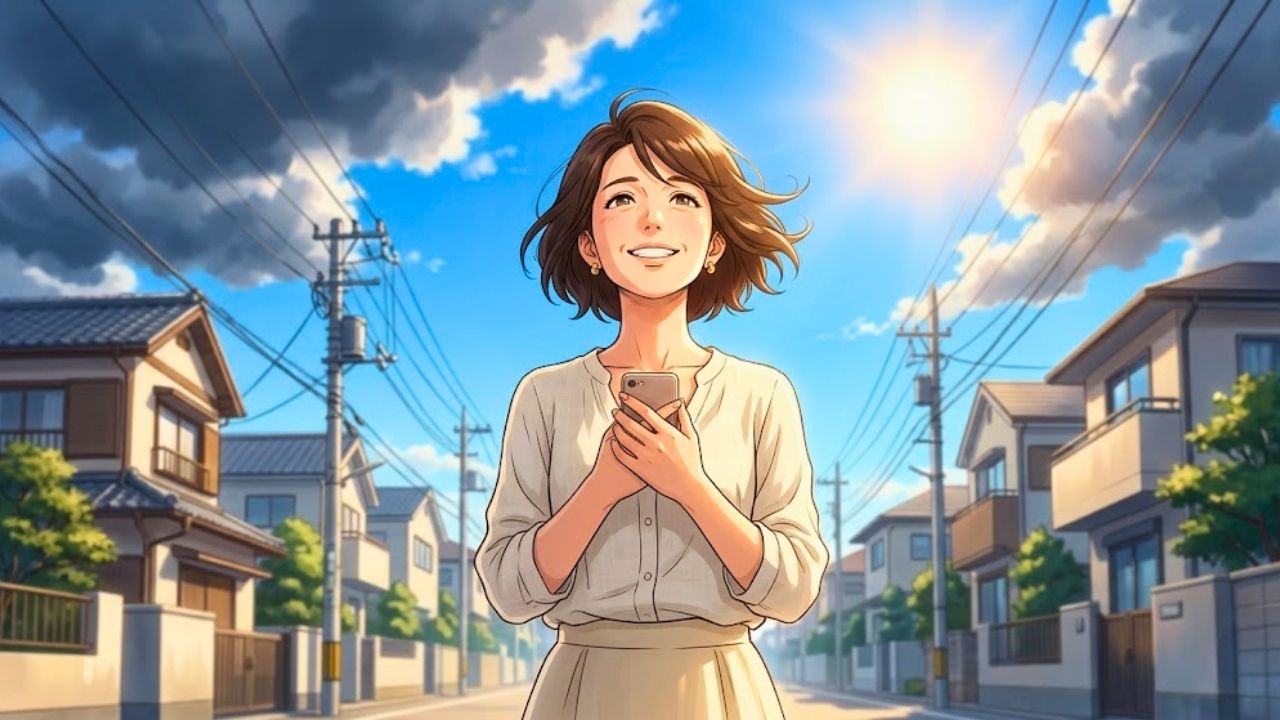 青空の下でスマートフォンを胸に抱え、重荷から解放されて心からの安堵と笑顔を浮かべる日本のシングルマザーを描いたイラスト。パート勤務という不安を乗り越え、借金解決への一歩を踏み出して明るい未来を見上げた前向きな姿を表現している。