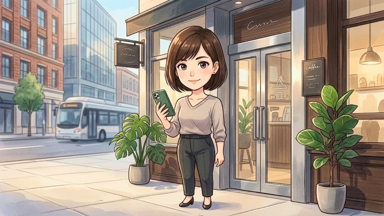 自分の意志で安全に大人の出会いを選び、自分軸で「大人の関係」を楽しもうとする、凛とした表情の日本人シングルマザーの四頭身イラスト。