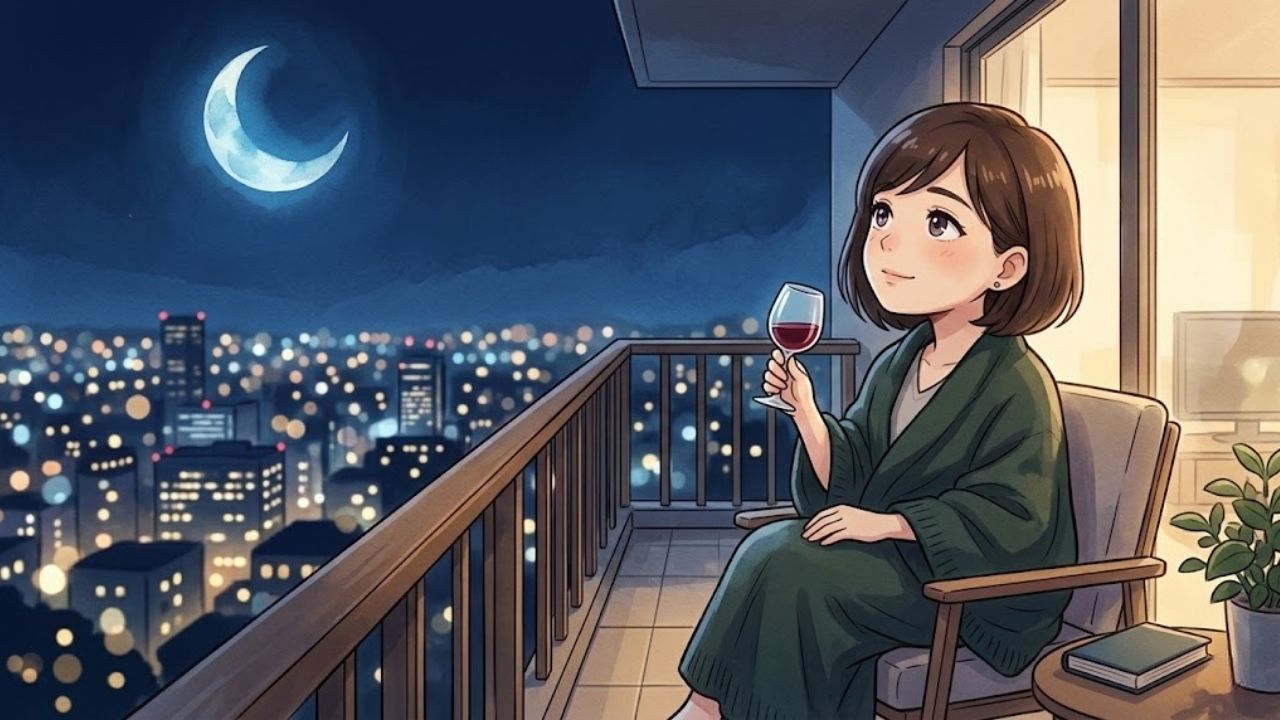 夜空を見上げながら、自分自身の心と体の欲求を静かに受け入れ、罪悪感を捨てようとする若々しい日本人シングルマザーの四頭身イラスト。