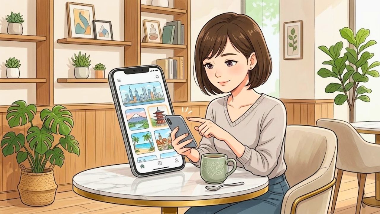 カフェでスマートフォンを使い、品良く、自分軸で大人の出会いを探そうとする笑顔の日本人シングルマザーの四頭身イラスト。