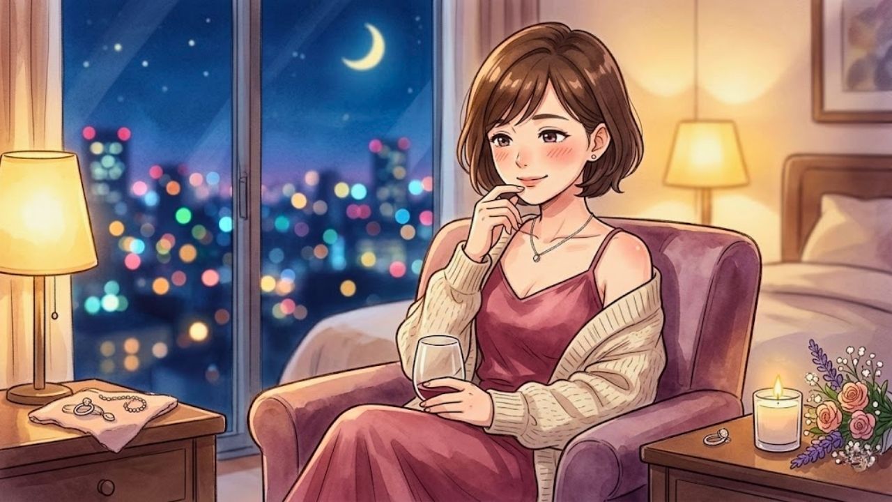 子どもの自立（卒母）後、自分の意志で選んだ大人の関係を安全に楽しみ、満たされた表情で夜の自宅に帰ってきた若々しい日本人シングルマザーの四頭身イラスト。少し頬を赤らめ、ソファでワイングラスを片手に、自分自身を肯定するように穏やかに笑っている。