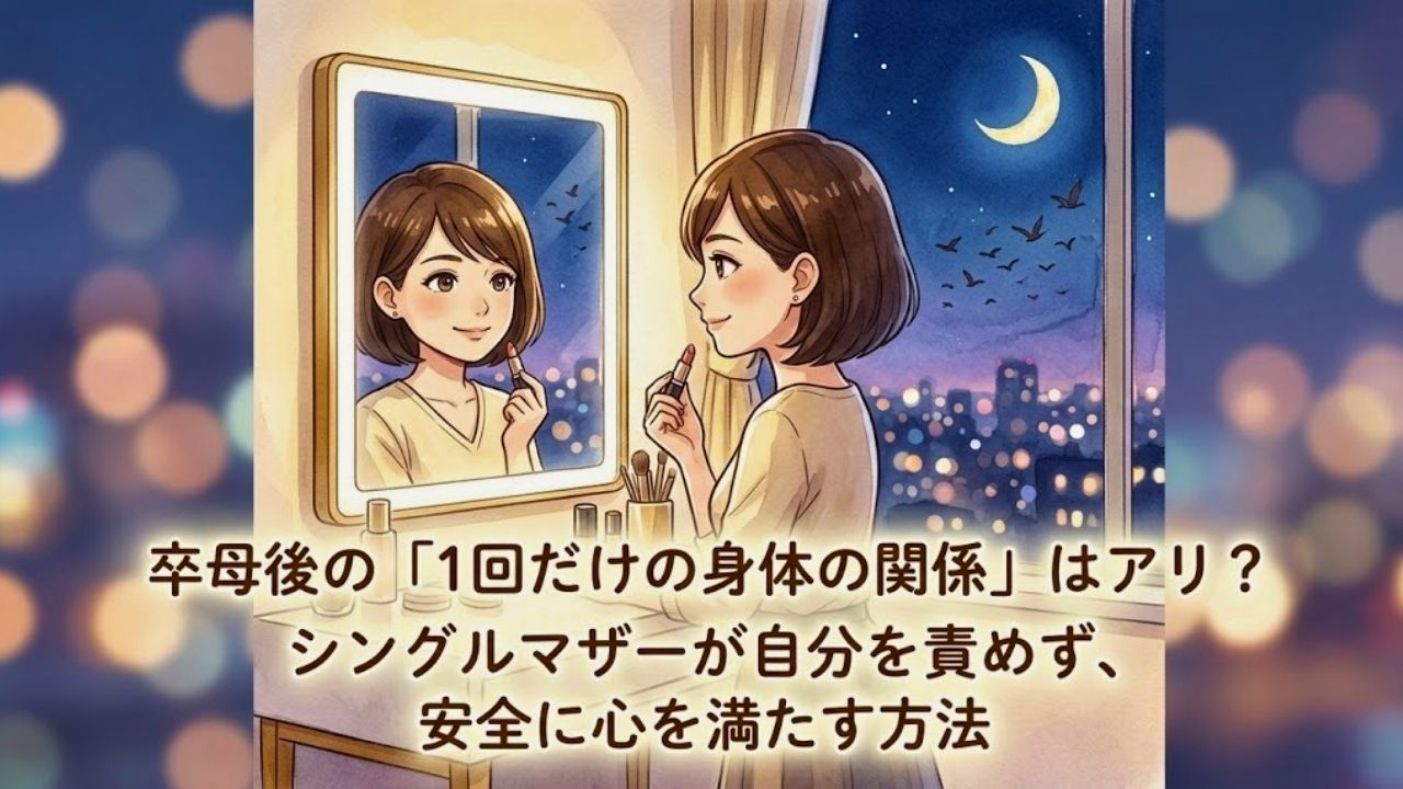 鏡の前で自分自身を見つめ、卒母後の新しい自由な人生と「女」としての時間を楽しもうとする若々しい日本人シングルマザーのアイキャッチ。下部に記事タイトル「卒母後の「1回だけの身体の関係」はアリ？シングルマザーが自分を責めず、安全に心を満たす方法」の文字入り。