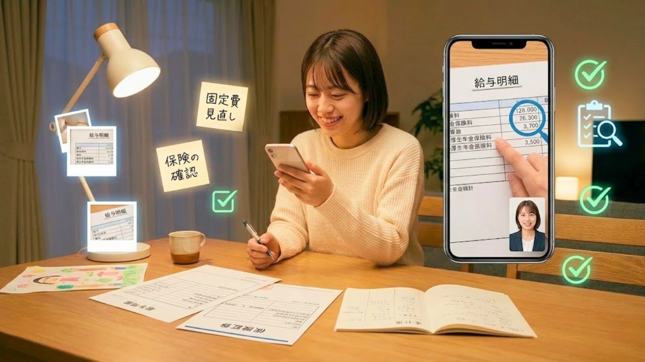 自宅のデスクでスマホのカメラを書類に向けてオンライン相談をする20代シングルマザー。画面にはFPが書類を確認する様子が写っており、最速で成果を出すための準備術を表現している。