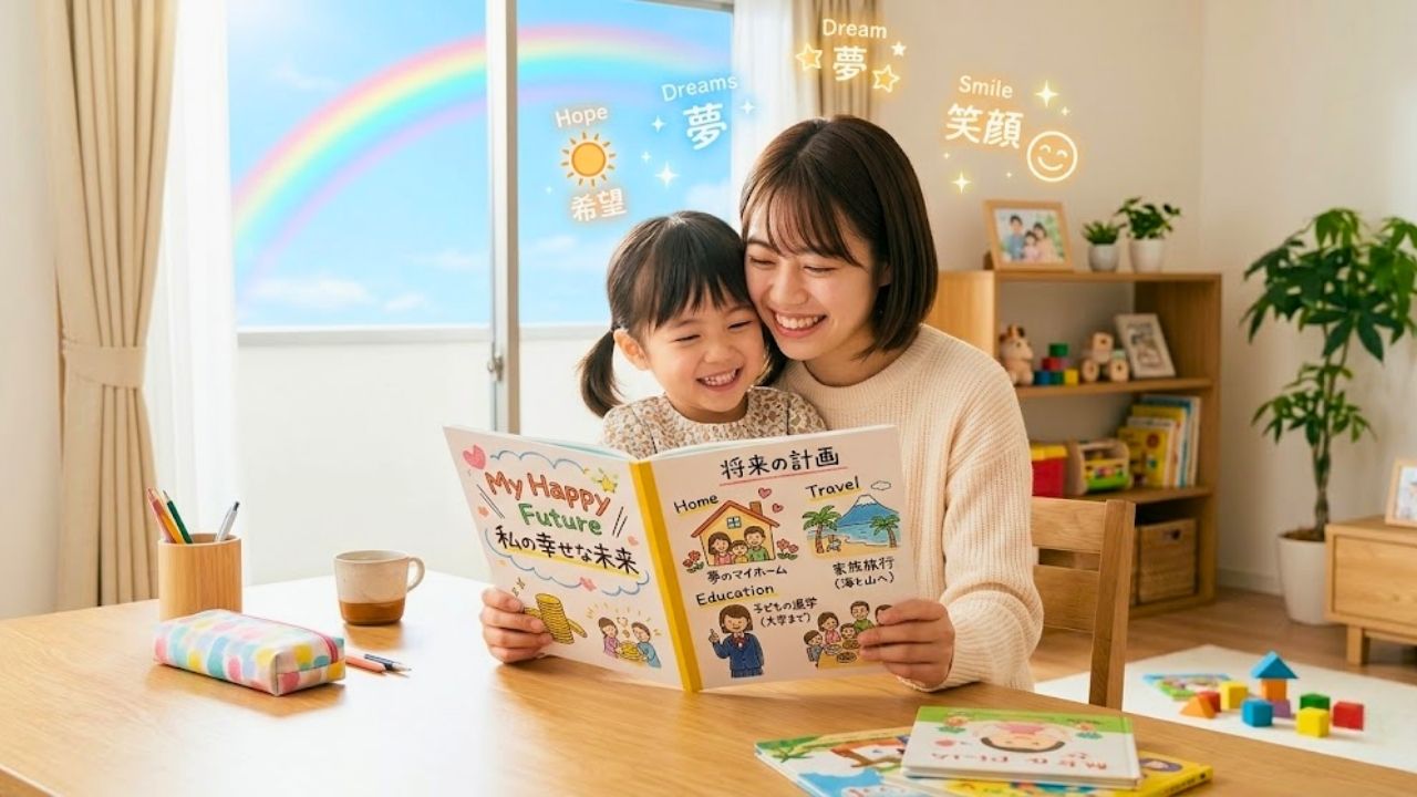 明るいリビングで子どもと一緒に「将来の計画」を描いたノートを見て満面の笑みを浮かべる20代シングルマザー。窓の外には青空と虹が見え、家計を整えた先にある明るい未来を表現している。