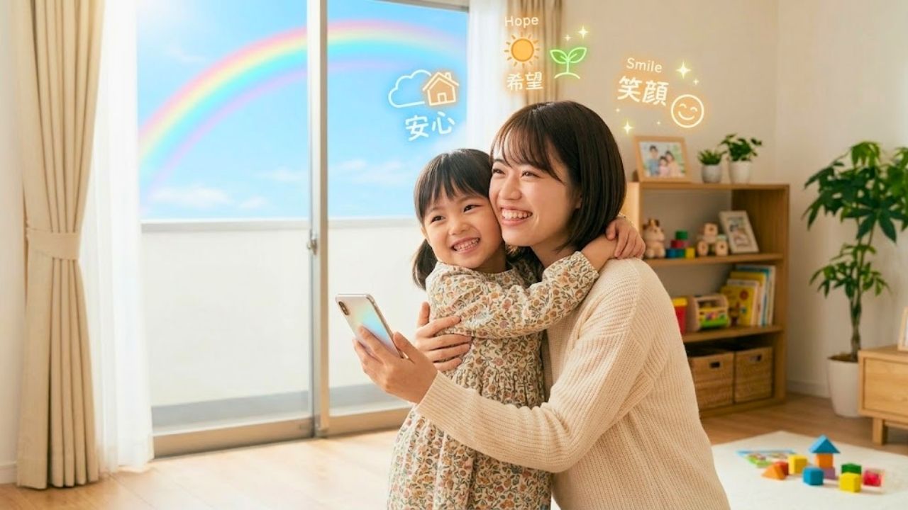 明るいリビングで子どもと抱き合い、満面の笑みで未来を見つめる20代シングルマザー。安心、希望、笑顔のアイコンが浮かんでおり、オンライン相談で手に入れた明るい未来を表現している。