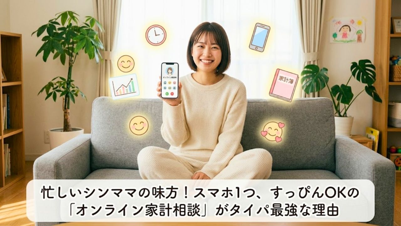 「忙しいシンママの味方！スマホ1つ、すっぴんOKの「オンライン家計相談」がタイパ最強な理由」というSEOタイトル入りのアイキャッチ。明るいリビングでスマホを手にリラックスして笑顔を見せる、すっぴんの20代シングルマザーを描いた魅力的なイラスト。