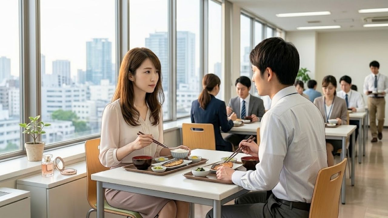 男性社員と社員食堂で同席するシングルマザー。