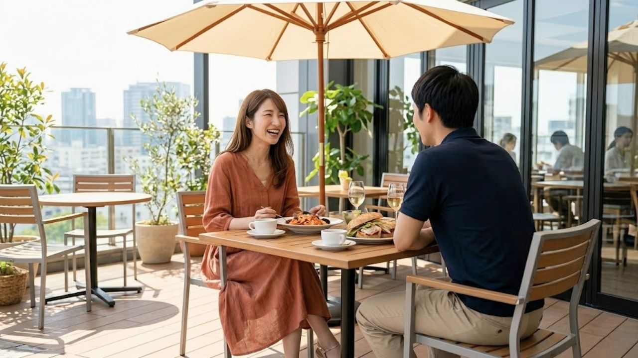 休日に同僚男性とランチデートを楽しむシングルマザー。