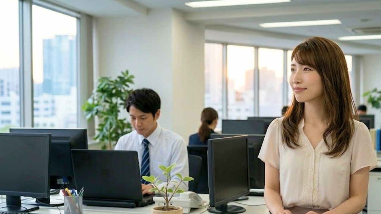 同僚男性の仕事ぶりを密かにチェックしているシングルマザー。